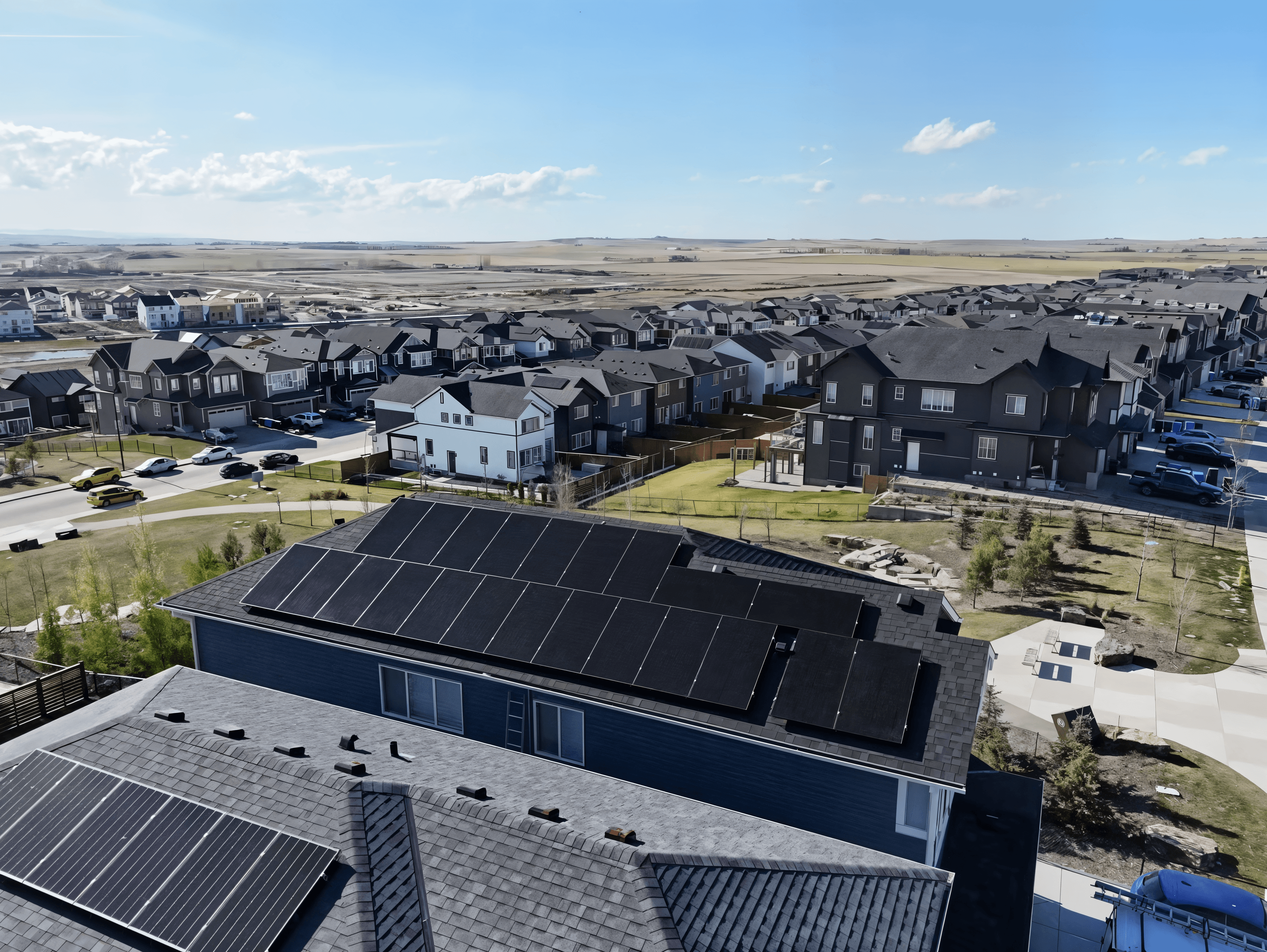 Aerial view of solar panel installation on residential home